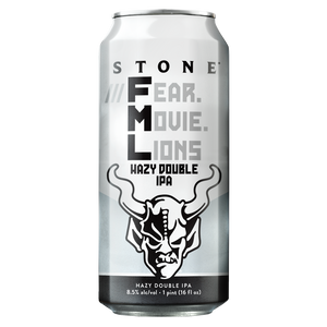 "Stone ///Fear.Movie.Lions Hazy Double IPA is an 8.5% blend of cross-country styles. It's got the bitter hoppy backbone you'd expect from a West Coast IPA, with a slight haze and massive aroma you'd typically find in an East Coast-style IPA.  "