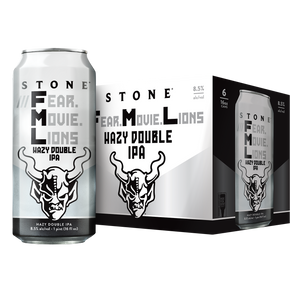 "Stone ///Fear.Movie.Lions Hazy Double IPA is an 8.5% blend of cross-country styles. It's got the bitter hoppy backbone you'd expect from a West Coast IPA, with a slight haze and massive aroma you'd typically find in an East Coast-style IPA.  "